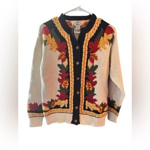 Vintage 90s Y2K Orvis Sweater Fall Autumn Leaves Button Up Size Medium